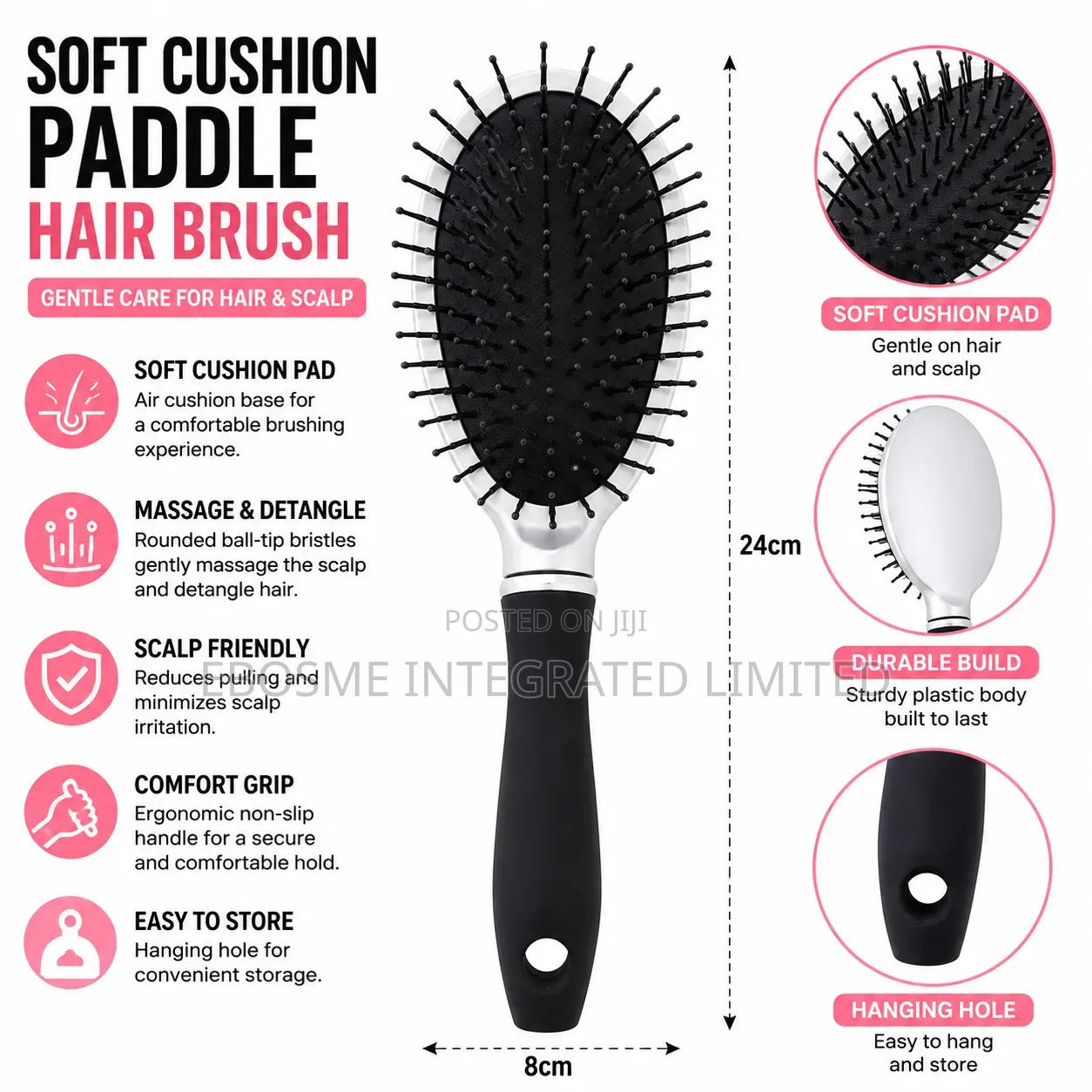 Soft Cushion Paddle Hair Brush – Gentle Scalp Massage Detangling