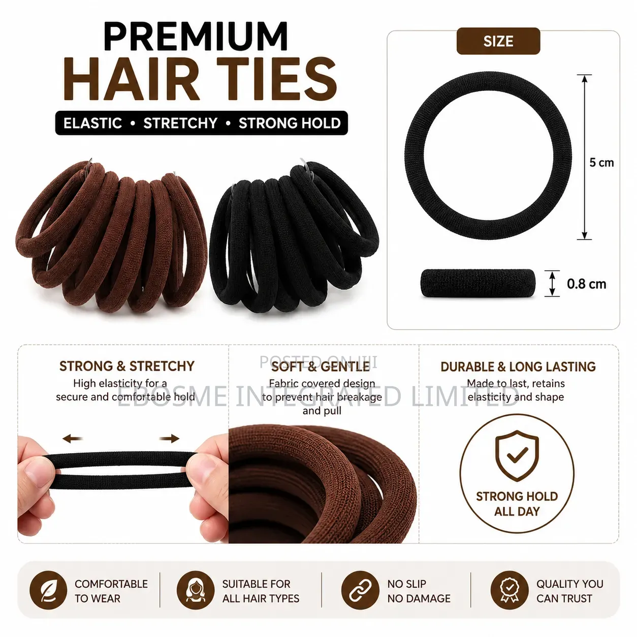 12PCS Soft Nylon Hair Elastic Bands – Black Brown