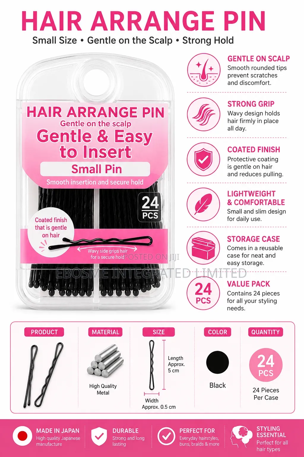 24PCS Japanese Black Hair Bobby Pins