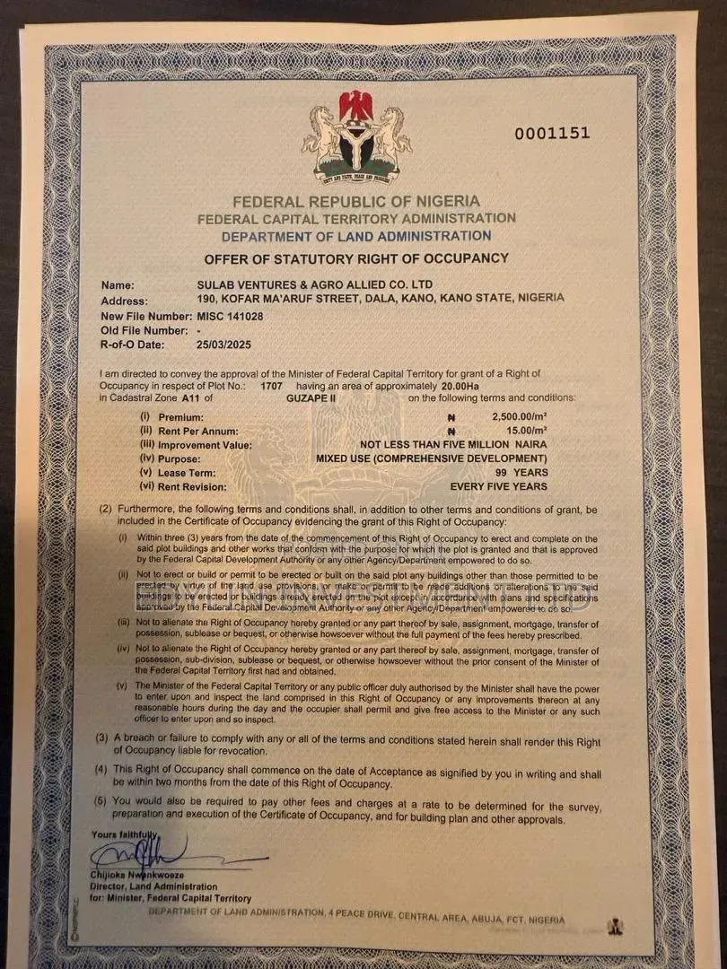 20 Hectares Plot of Land in Guzape 2 FCT Abuja