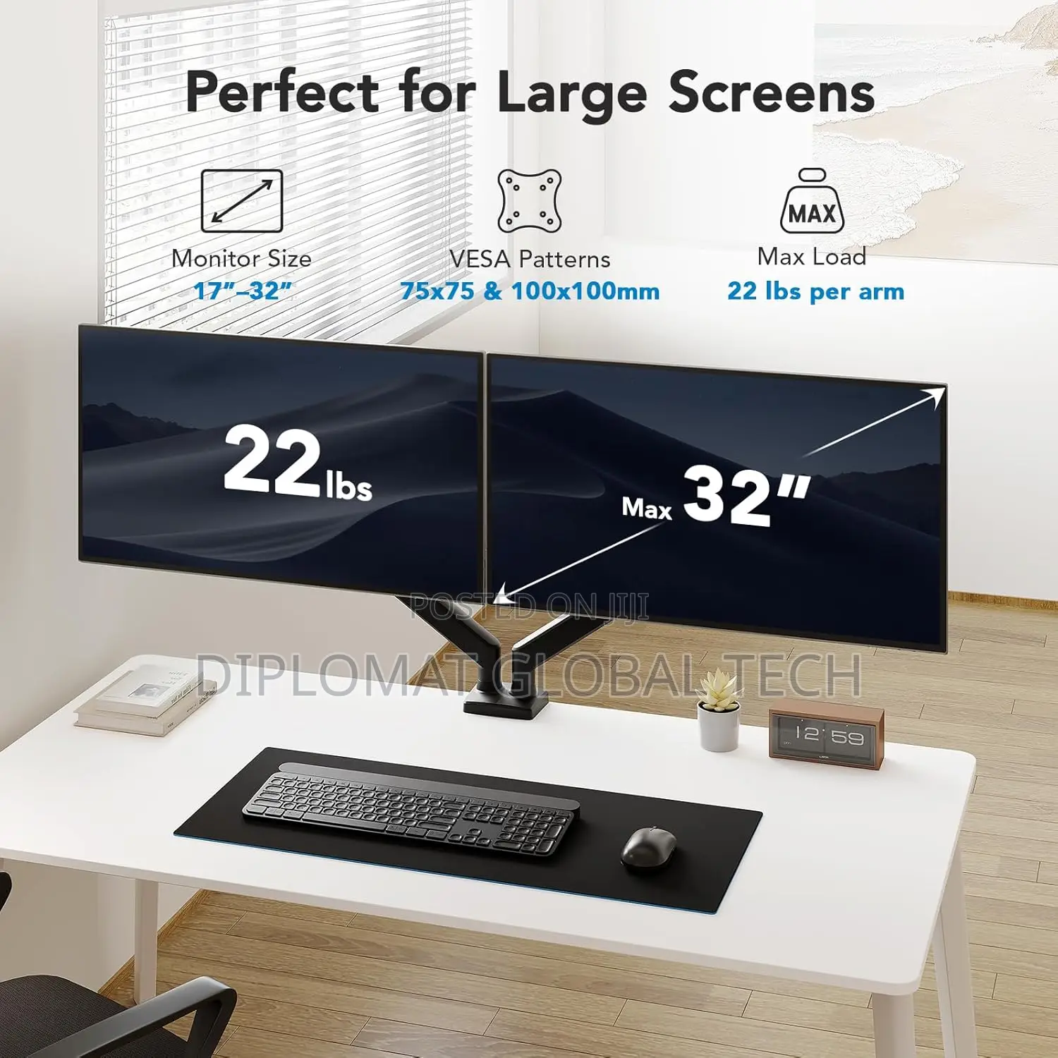 Dual Monitor Mount for 2 Monitors Up to 32 Inches