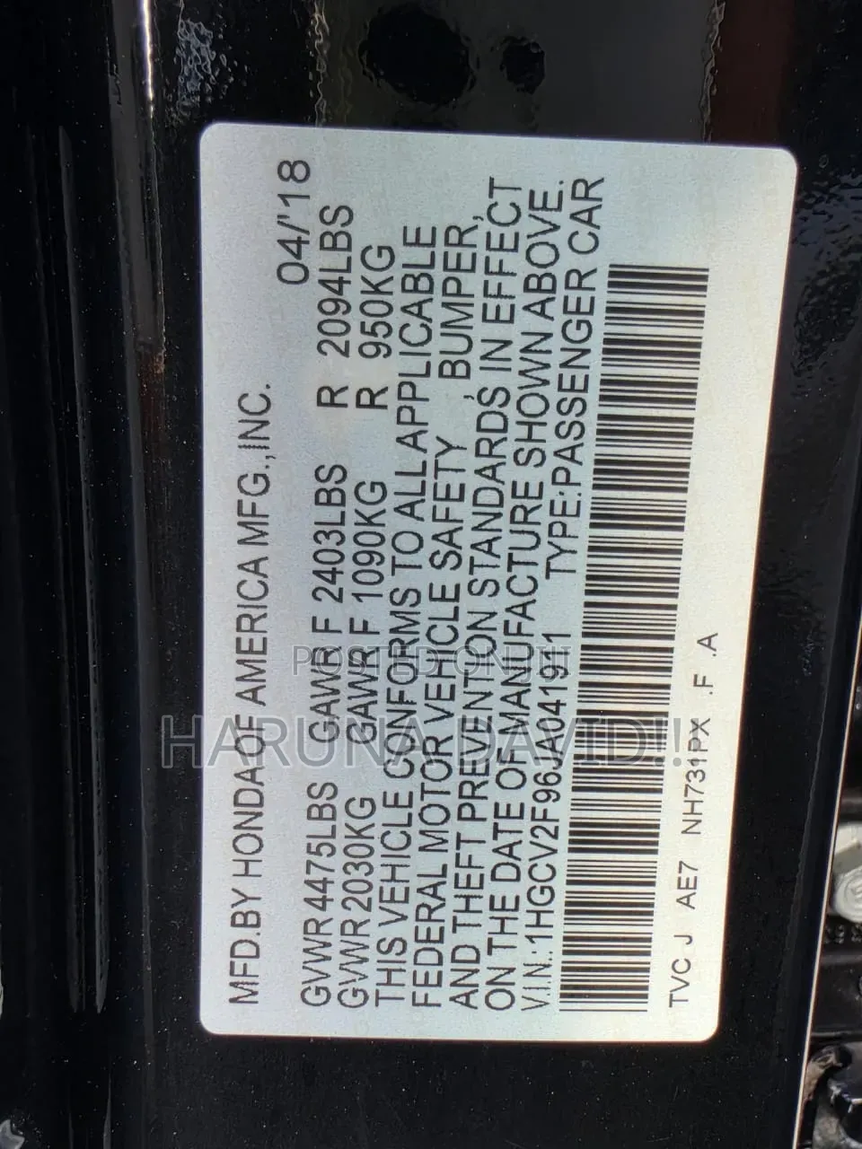 Honda Accord 2018 Black