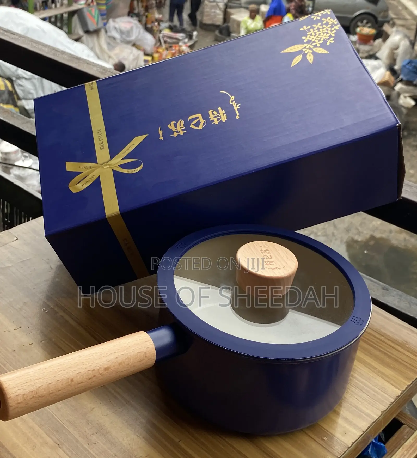Blue Ceramic Non-Stick Pot With Wooden Handle