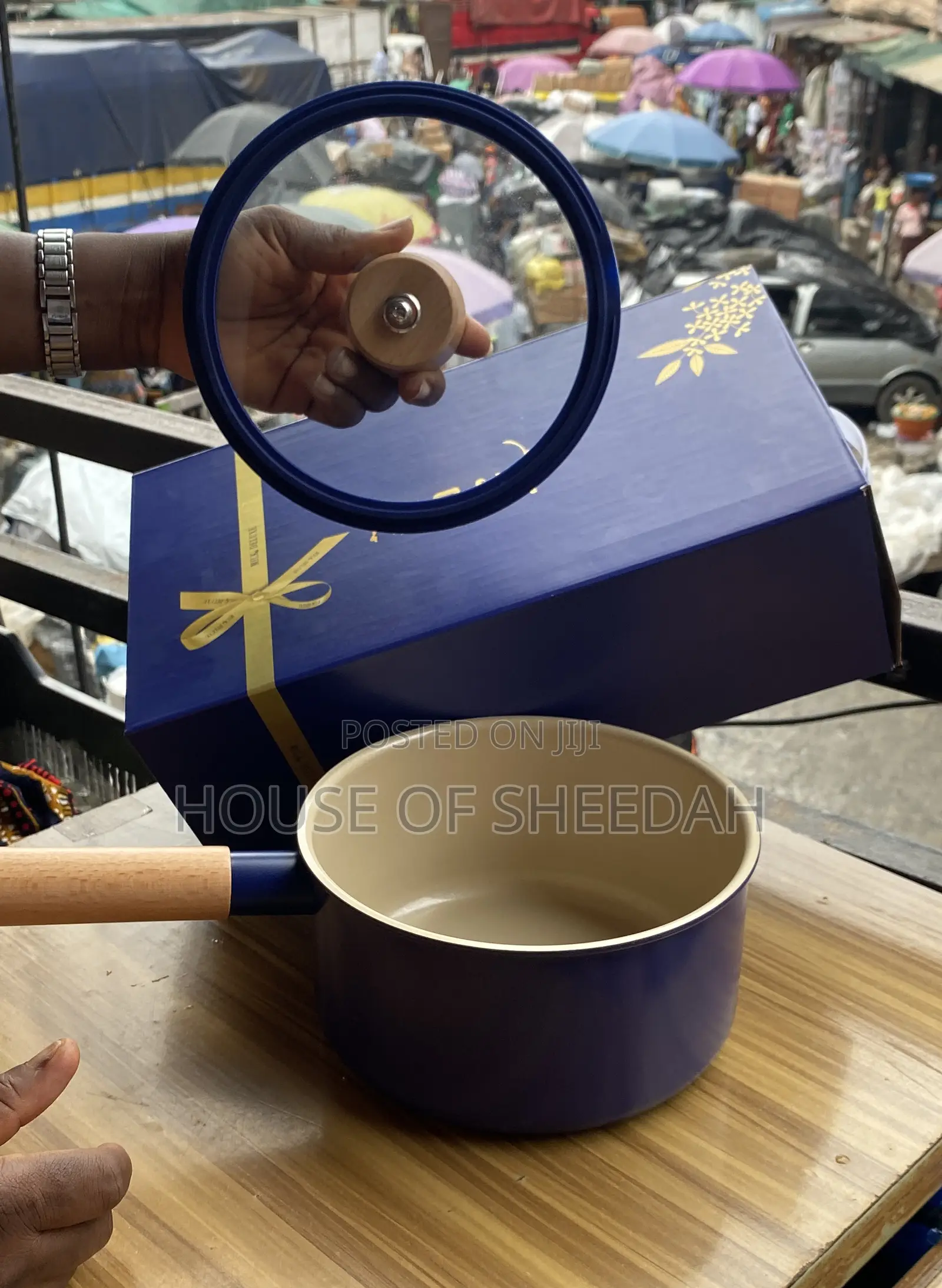 Blue Ceramic Non-Stick Pot With Wooden Handle