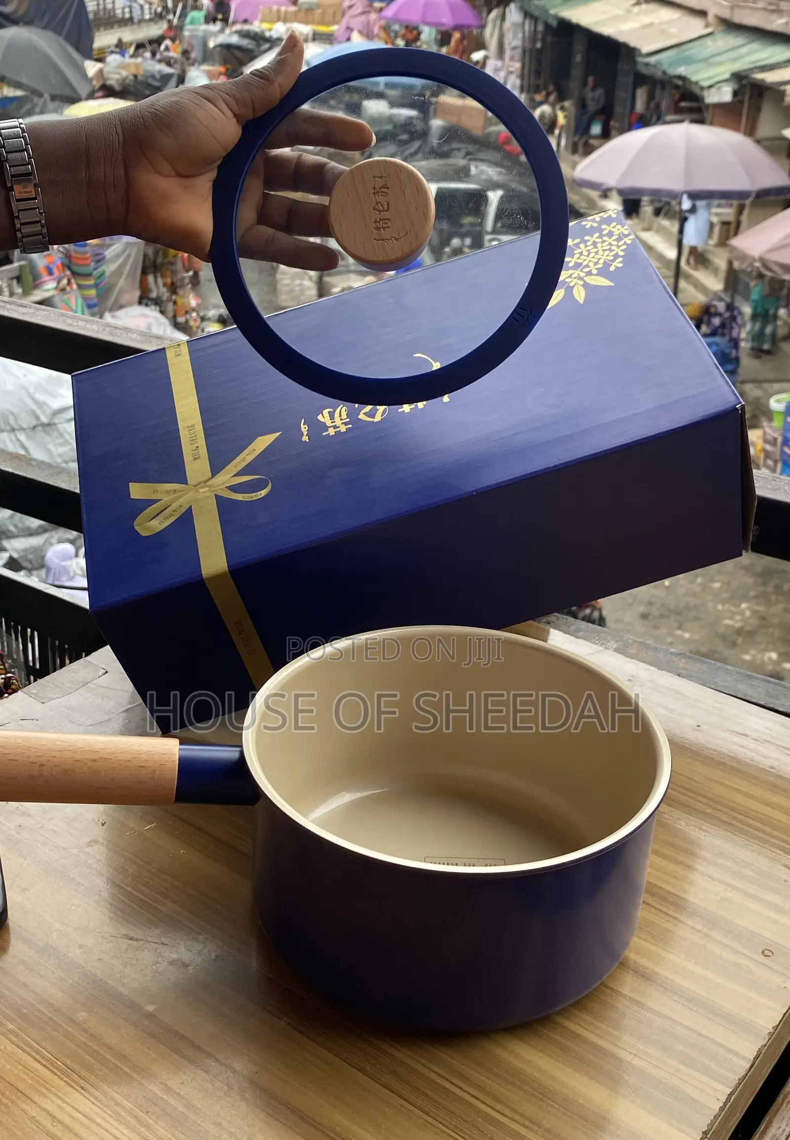 Blue Ceramic Non-Stick Pot With Wooden Handle