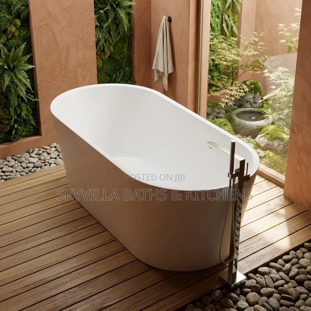 Modern Freestanding Soaking Tub With Floor-Mount Faucet