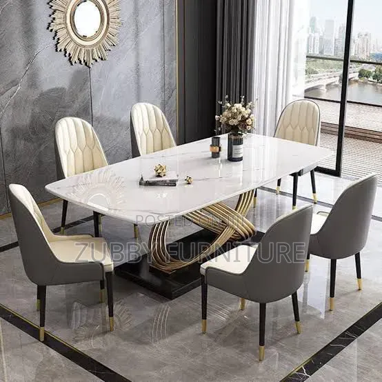 Quality and Imported Luxury Ring Leg Marble Top Dining Table by 6 Chai