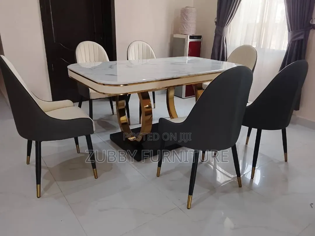Quality and Imported Luxury Ring Leg Marble Top Dining Table by 6 Chai