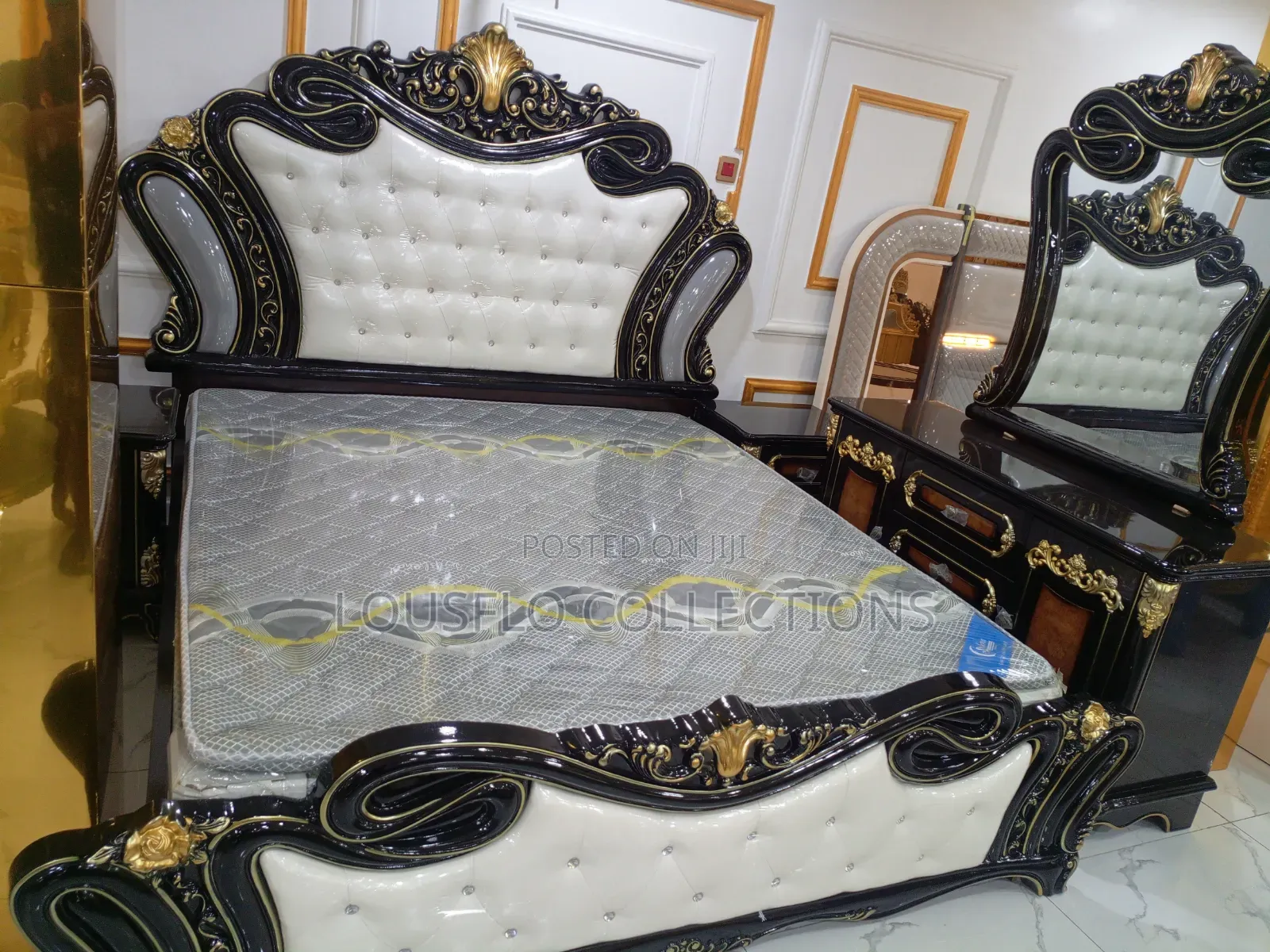 Italian Royal Bed With 2 Sides Drawer and Conso Dressing Mirror
