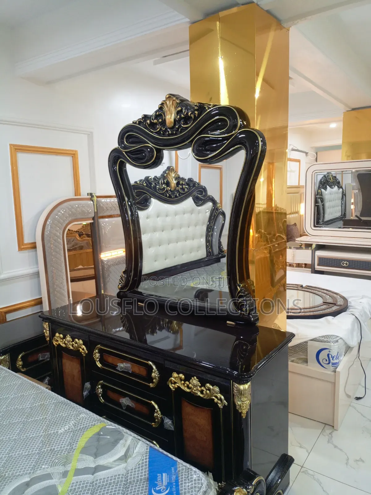 Italian Royal Bed With 2 Sides Drawer and Conso Dressing Mirror