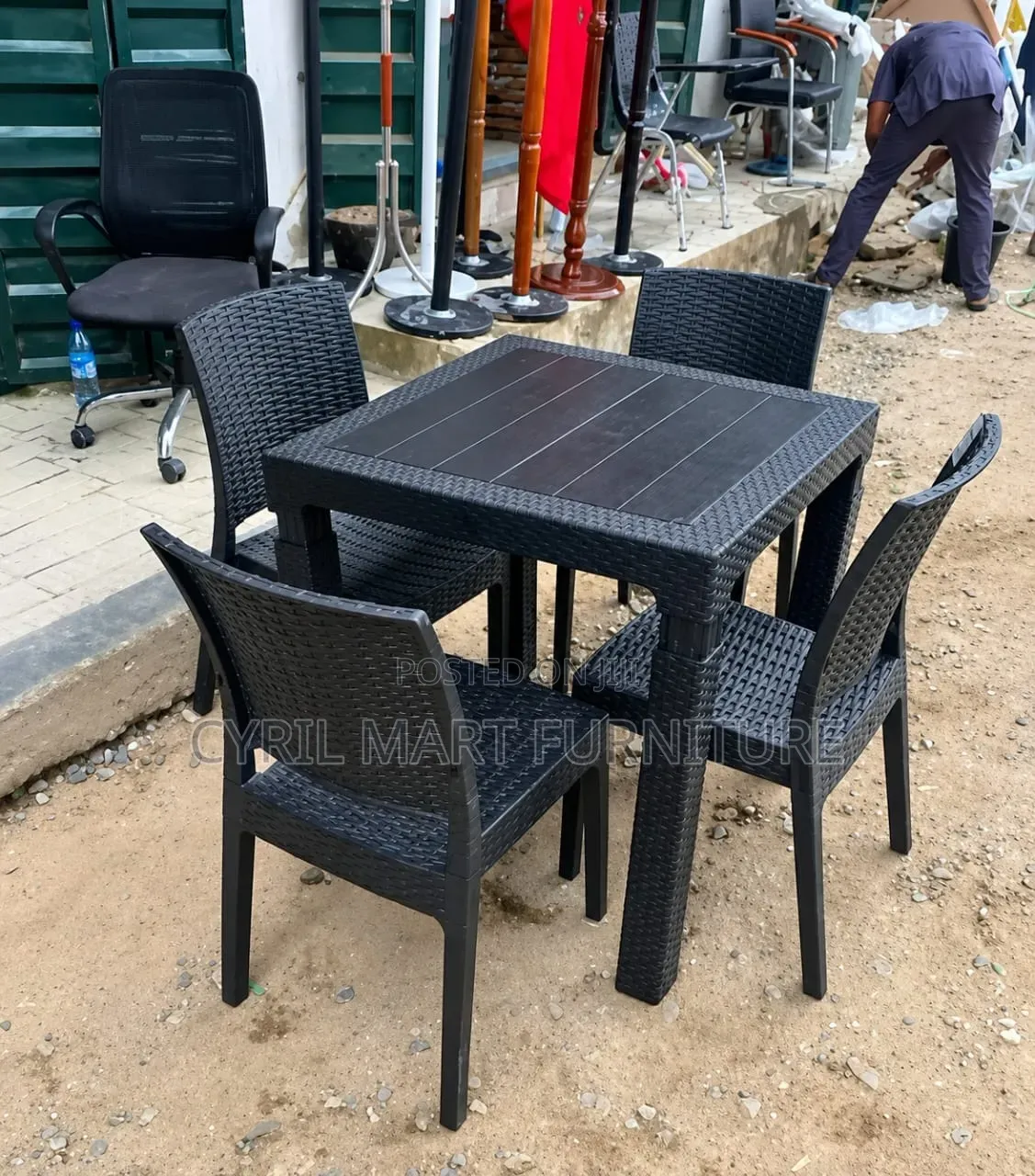 Rattan Chair and Table Complete Set Black Color