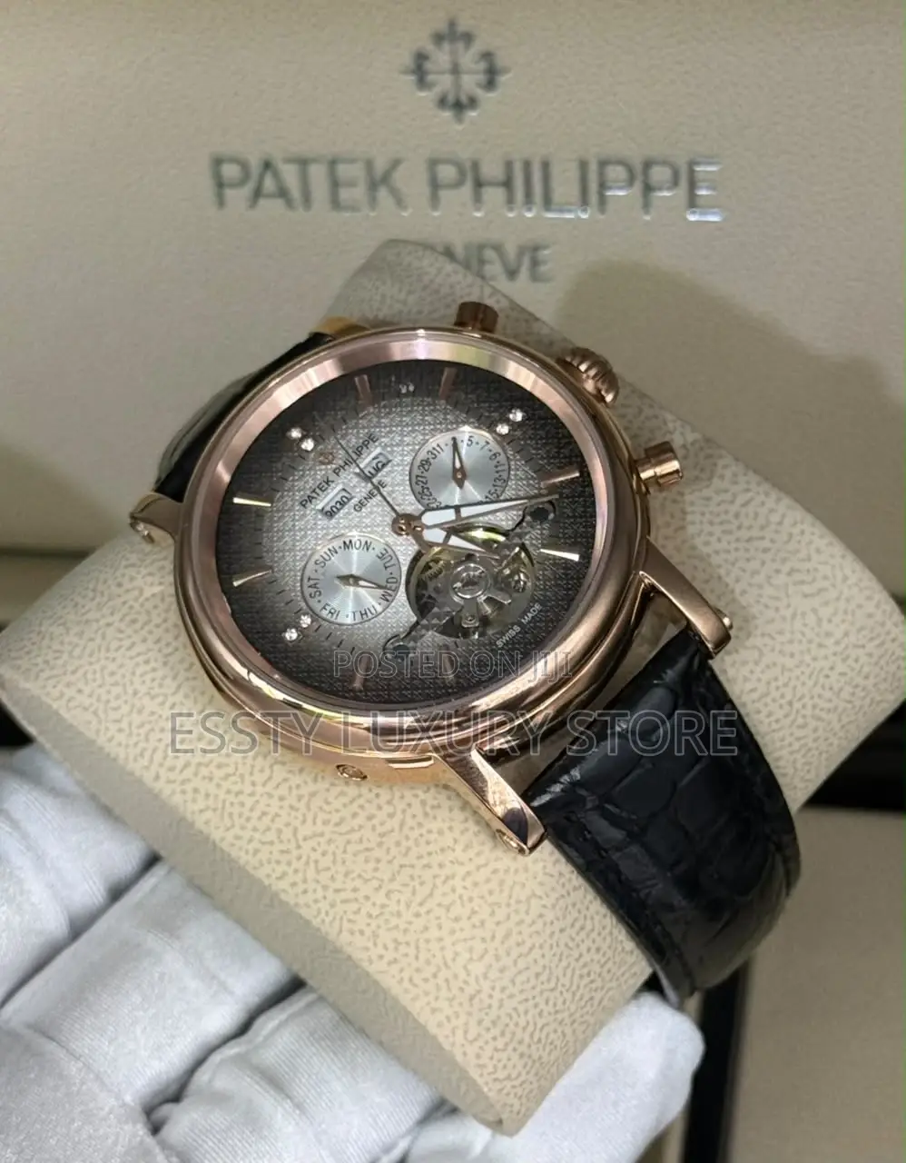 Quality Luxury Patek Philippe Rose Gold Black Leather Strap
