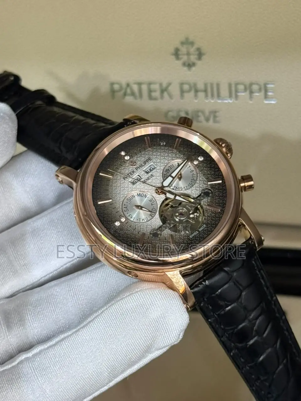 Quality Luxury Patek Philippe Rose Gold Black Leather Strap