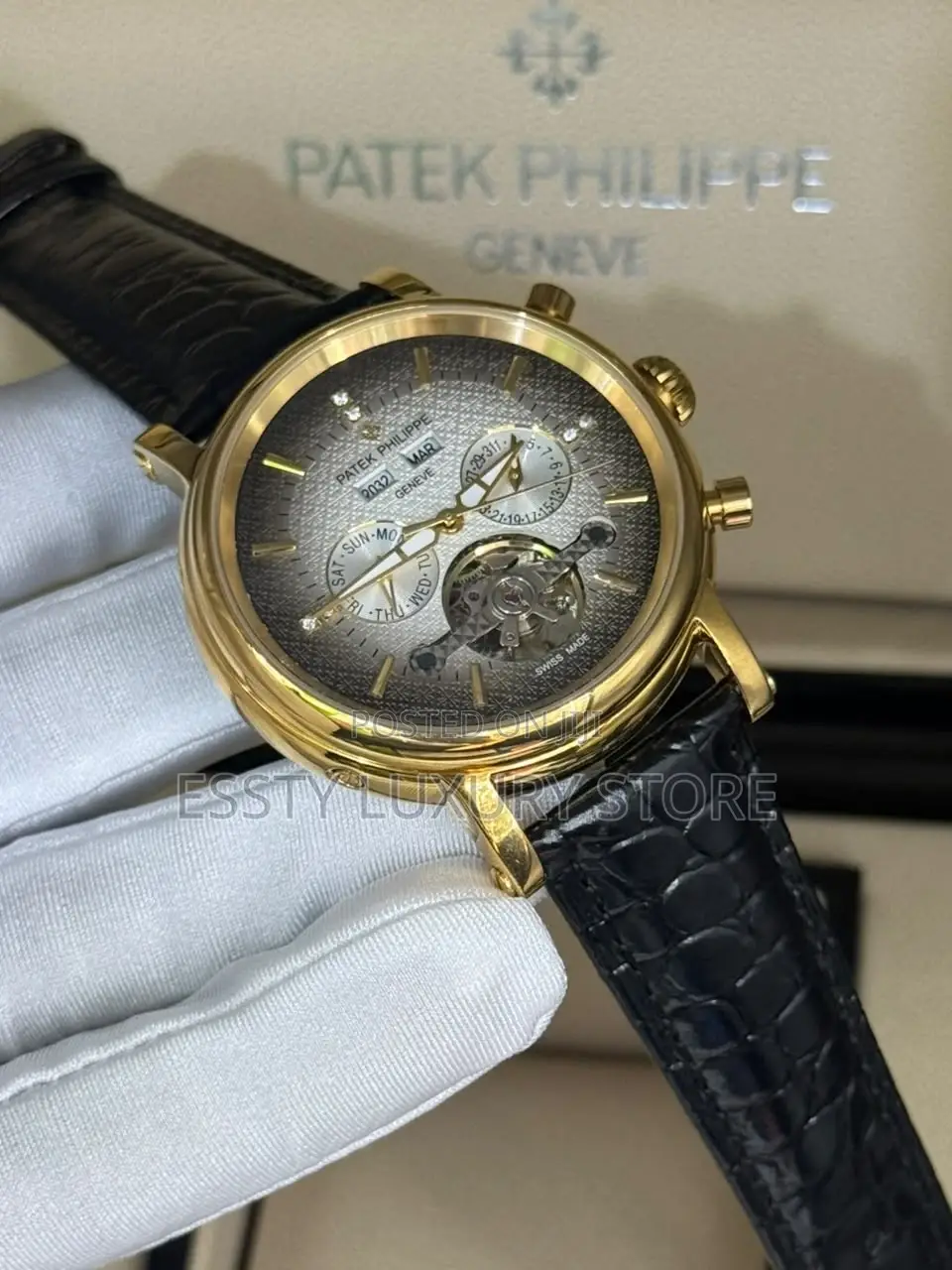 Quality Luxury Patek Philippe Rose Gold Black Leather Strap