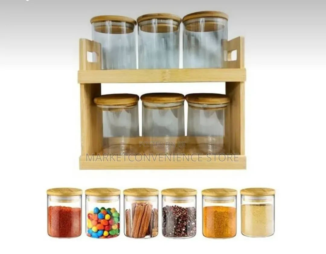2 Layers 6pcs Spice Storage Airtight Canisters With Bamboo Rack