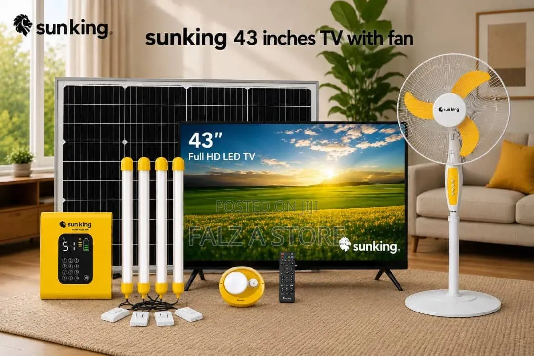 Sun King Solar Television With Homeplus Max and Pedestal Fan