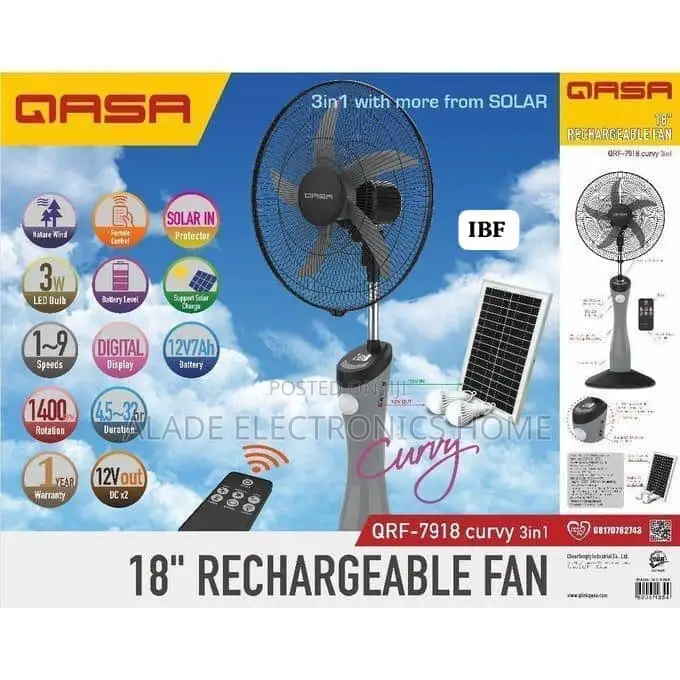 18” Qasa Rechargeable Fan (With Solar Panel ). 32hrs Battery Life