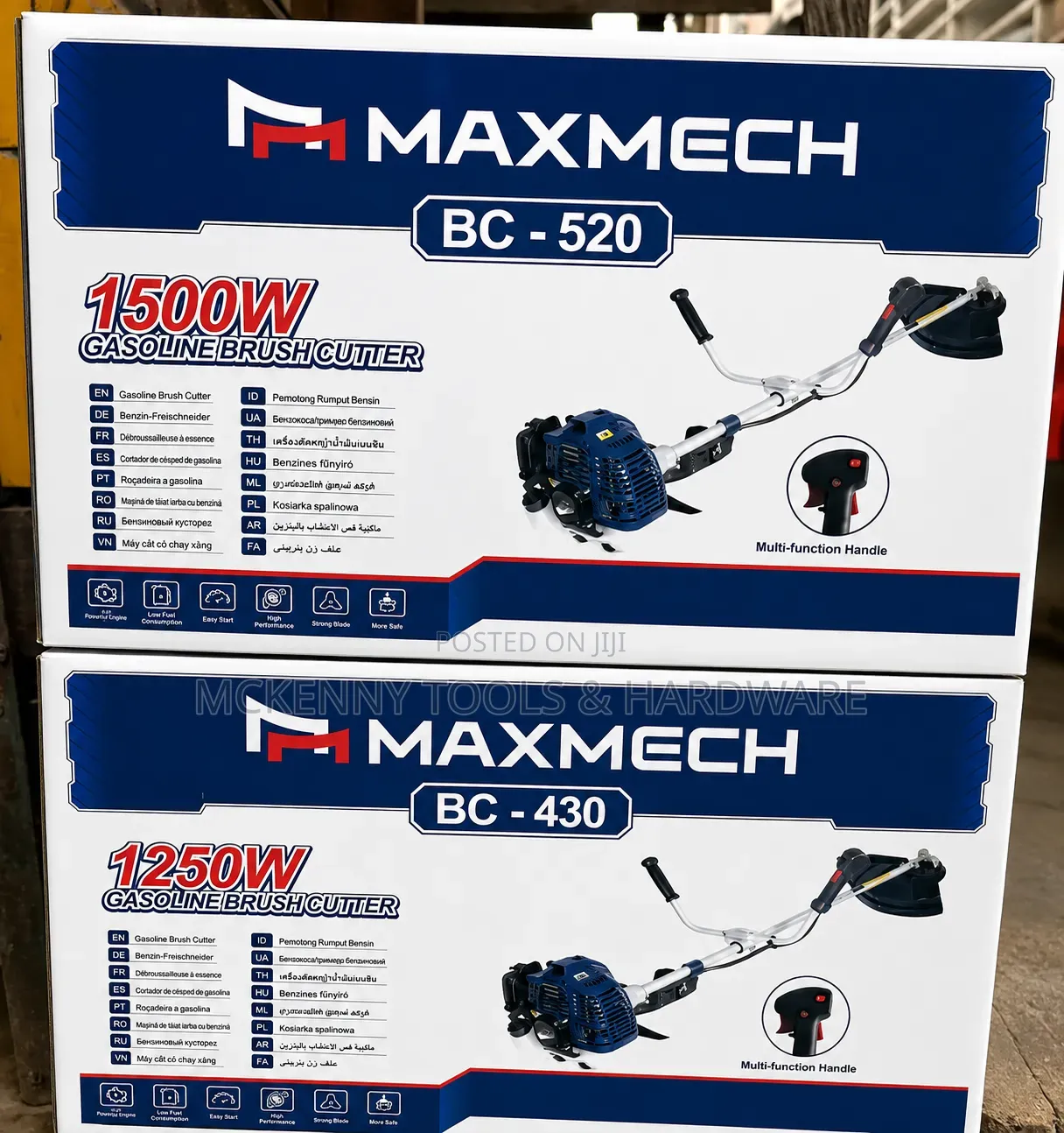 Maxmech Gasoline Brush Cutters: The BC-520 (Top Box) and the BC-430