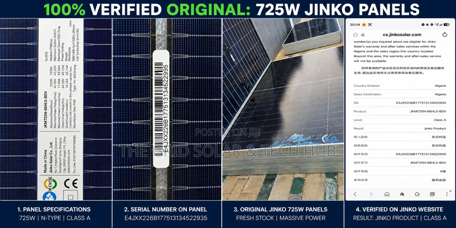 100% Original 725W Jinko Solar Panel (N-Type, Class A)