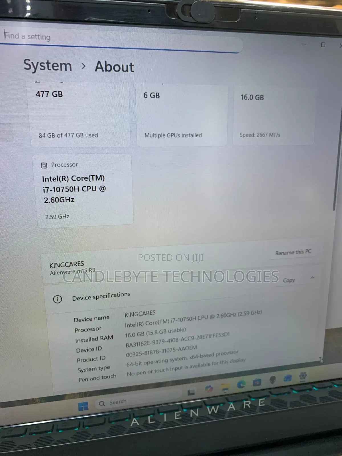 Laptop Alienware M15 r3 16GB Intel Core i7 SSD 512GB