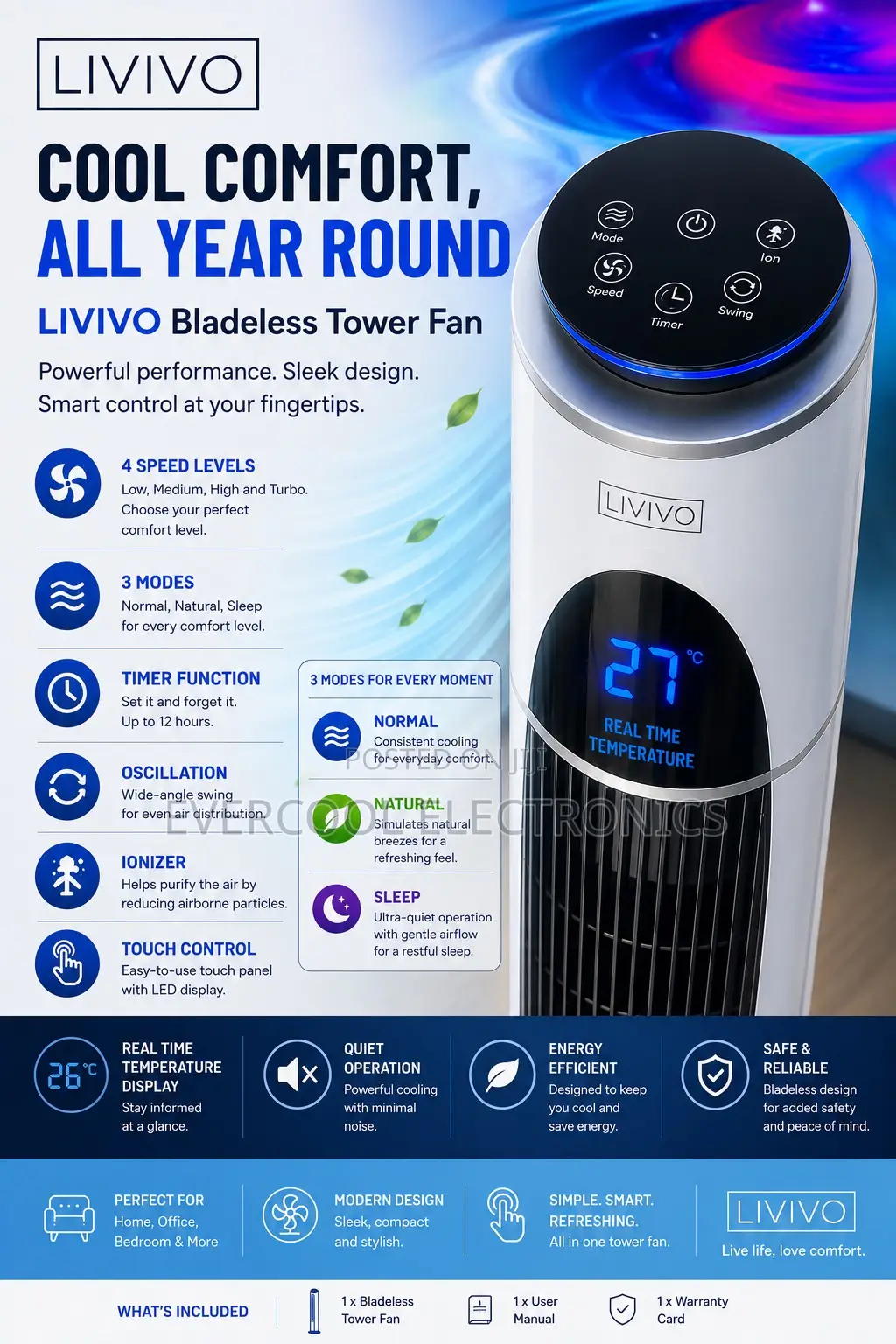 UK 43” LIVIVO Bladeless Tower Fan – Cool Comfort, All Year Round!
