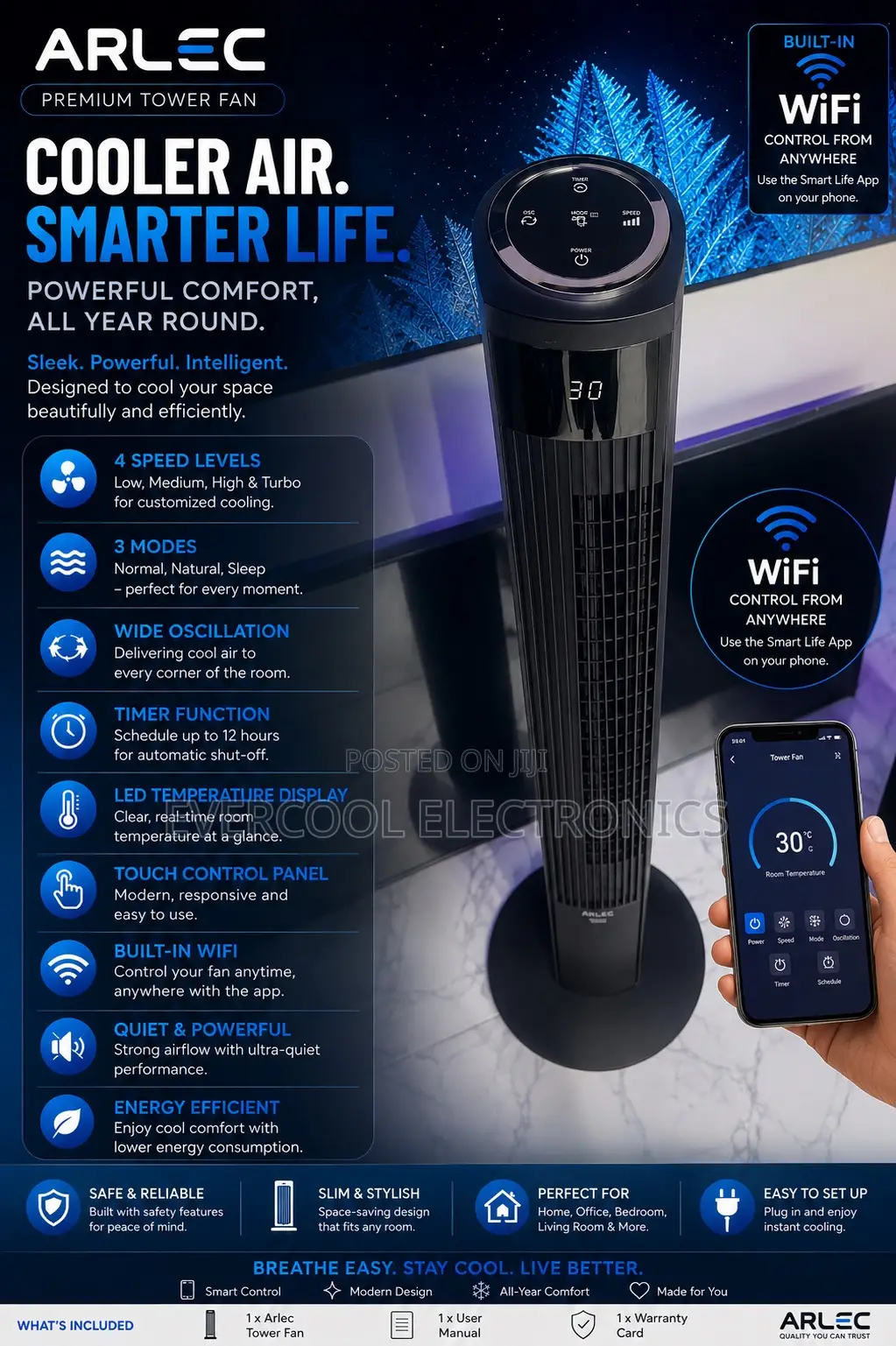 Premium 46” Smart Tower Fan – Powerful Cooling Meets Smart Convenience