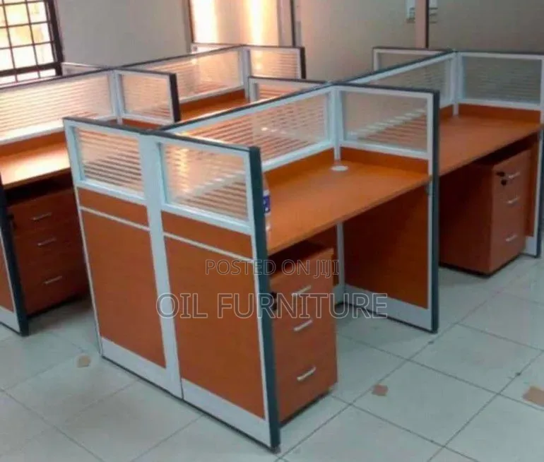 Blue White 4-Seater Office Workstation With Frosted Glass Dividers