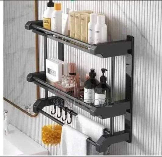2 Layer Wall Mount Bathroom Storage Rack - Black