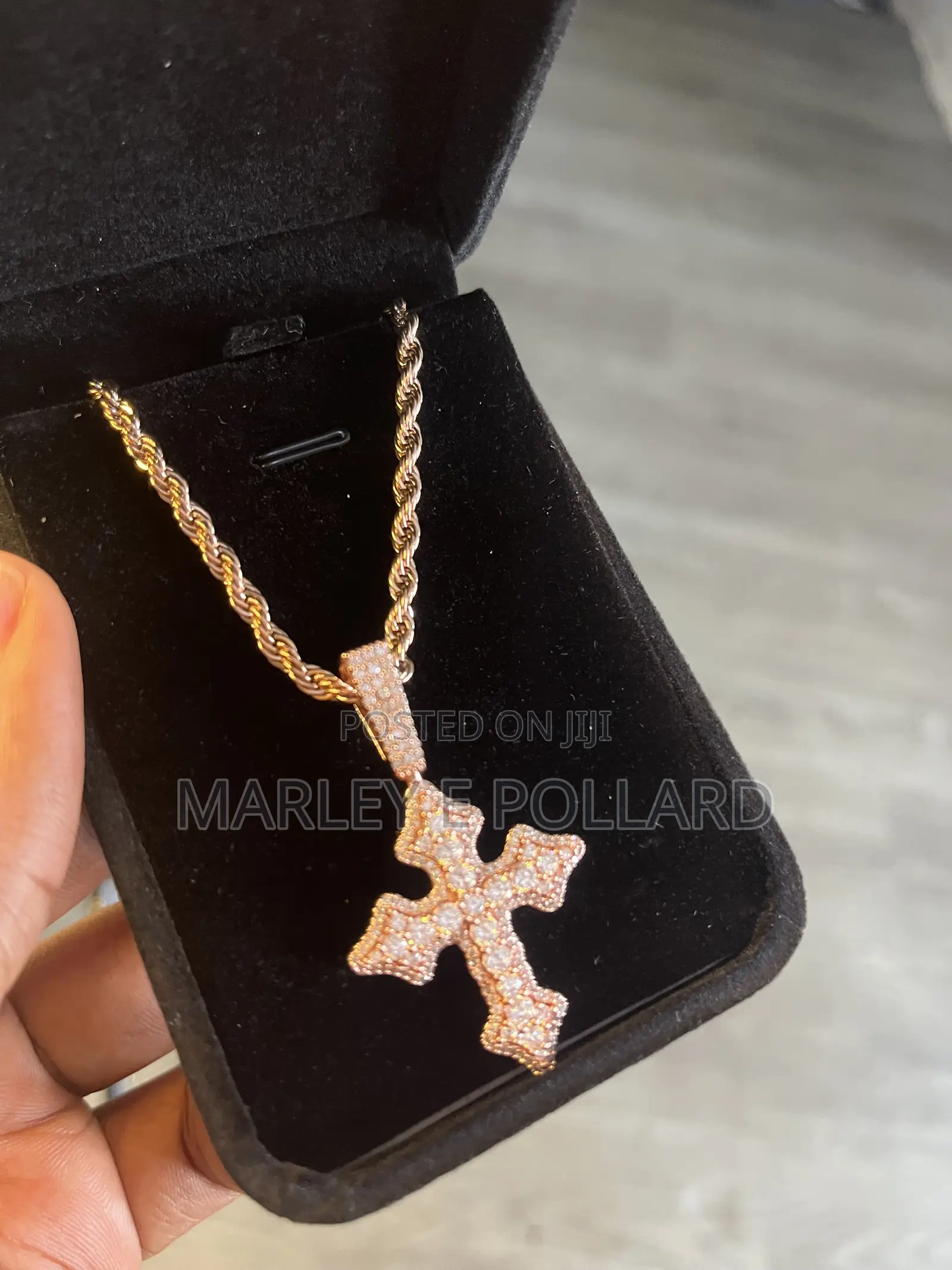 Rose Gold A+ CZ Diamond Cross Iced Out Pendant Rope Necklace