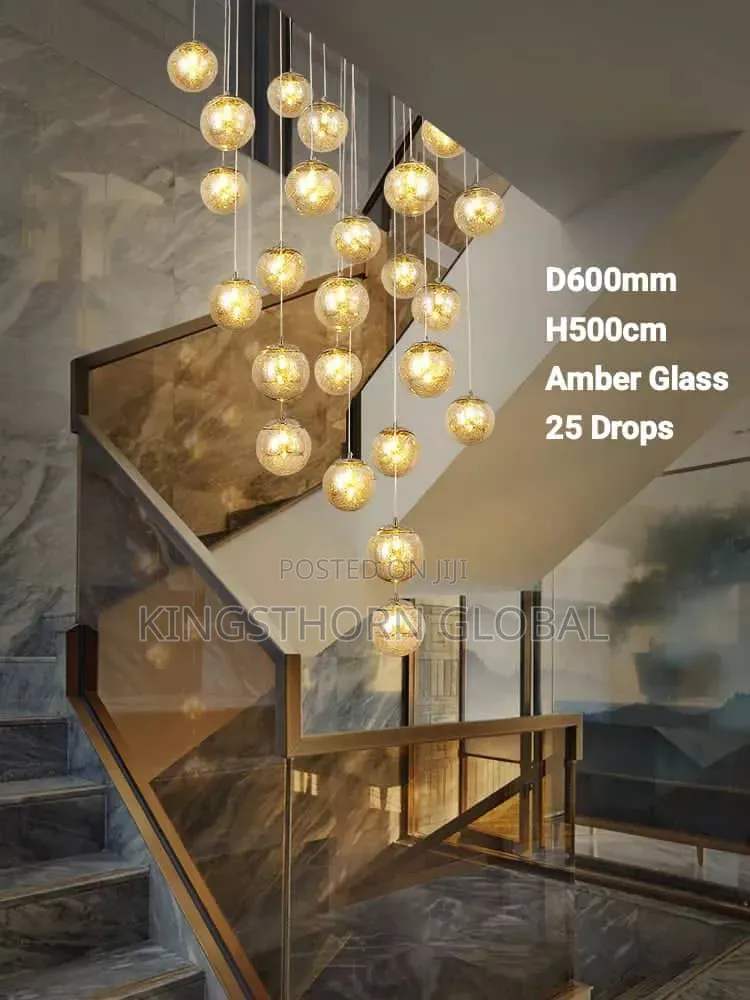 25-Drop Glass Staircase Chandelier 5m White Amber Snow
