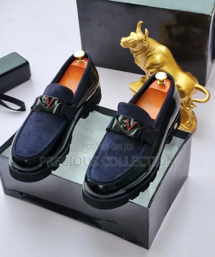 Black and Navy Blue Versace Leather/Suede Pull on Loafers
