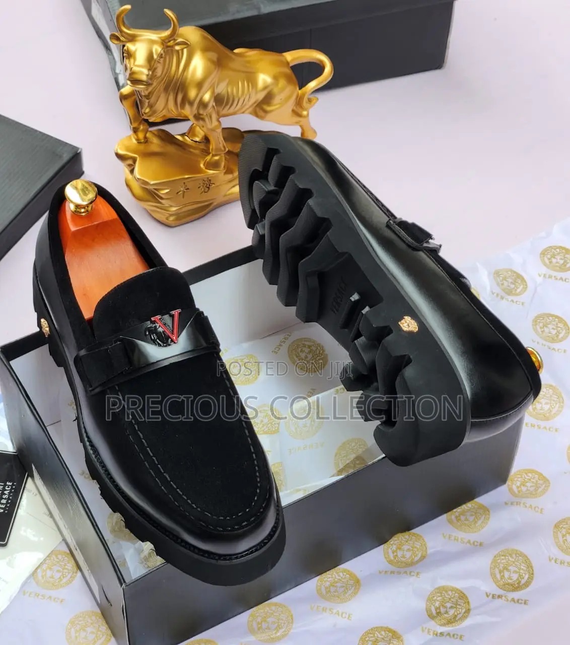Black and Navy Blue Versace Leather/Suede Pull on Loafers