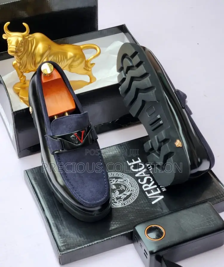 Black and Navy Blue Versace Leather/Suede Pull on Loafers