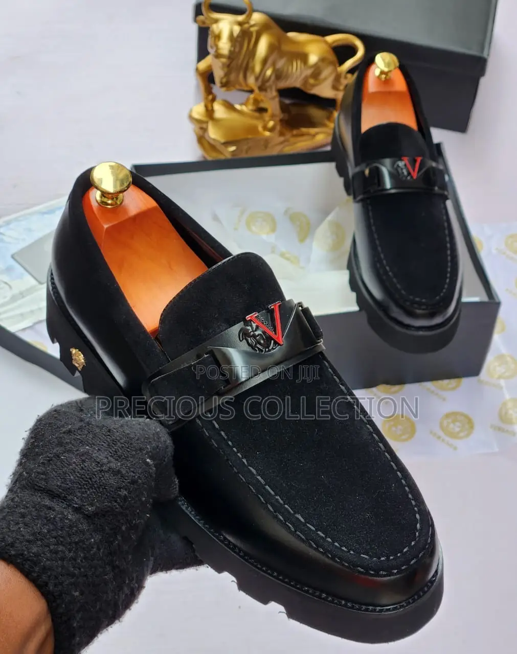 Black and Navy Blue Versace Leather/Suede Pull on Loafers