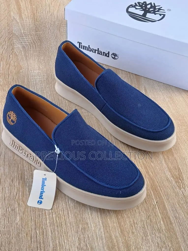 Brown Sole, Blue and Black Fabric Timberland Loafers
