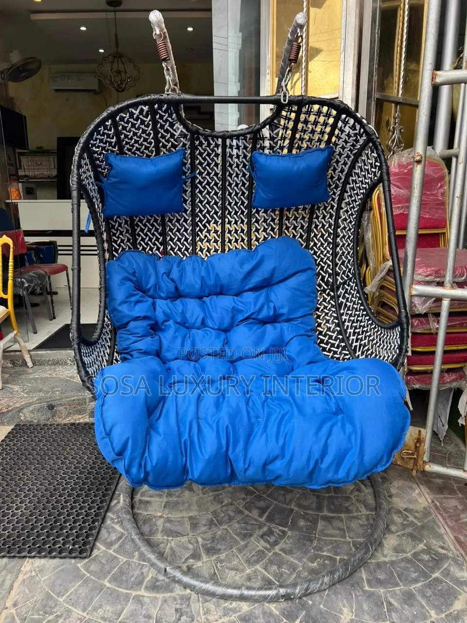 Premium Luxury Black White Double Swing Chair With Blue Cushion