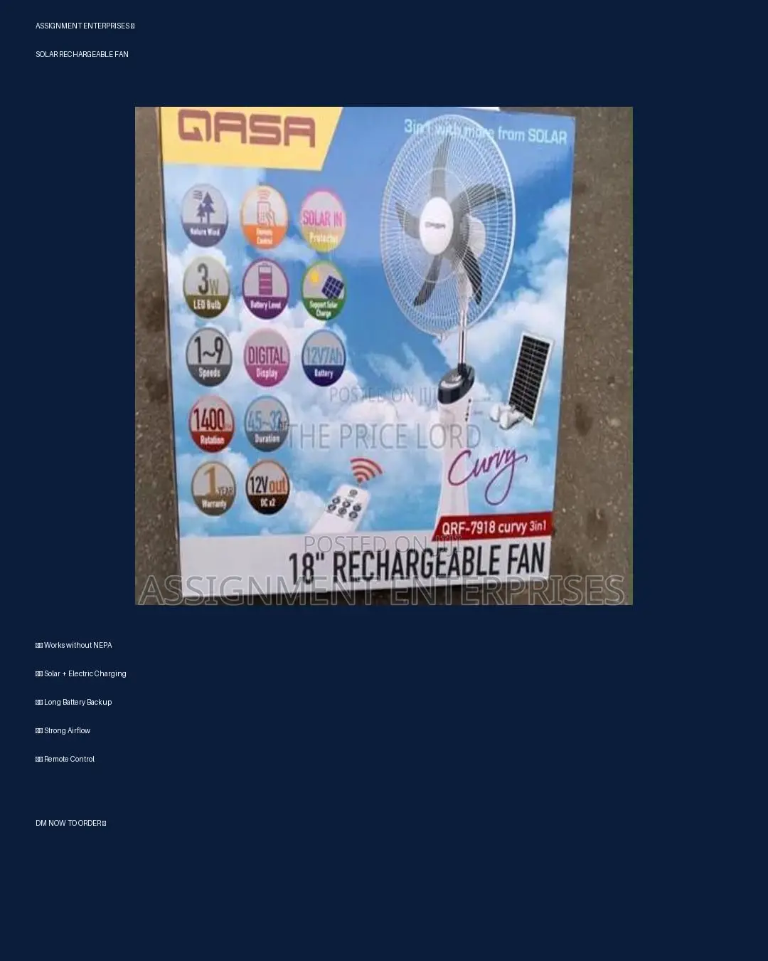 QASA 18inchs Rechargeable Solar Fan (QRF-7918 Curvy 3-in-1)