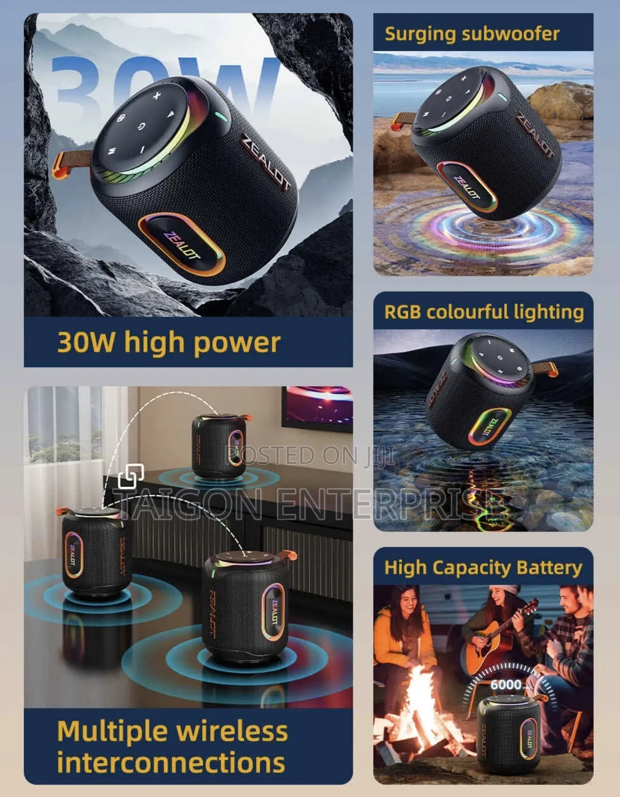 Zealot M1 30W Portable Outdoor IPX6 RHB Stereo Bluetooth Speaker