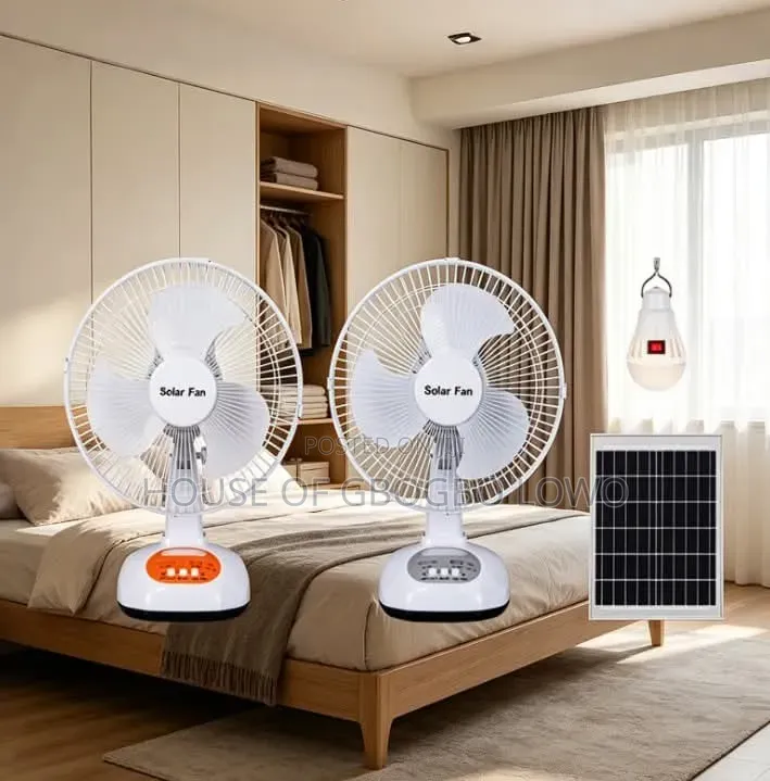 12 Inches Table Rechargeable Fan With Solar Panel 2 Bulb