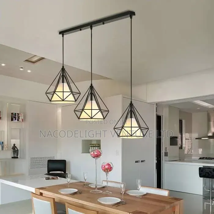Industrial Black Wire Cage Pendant Light–3-Head Linear Island Lighting
