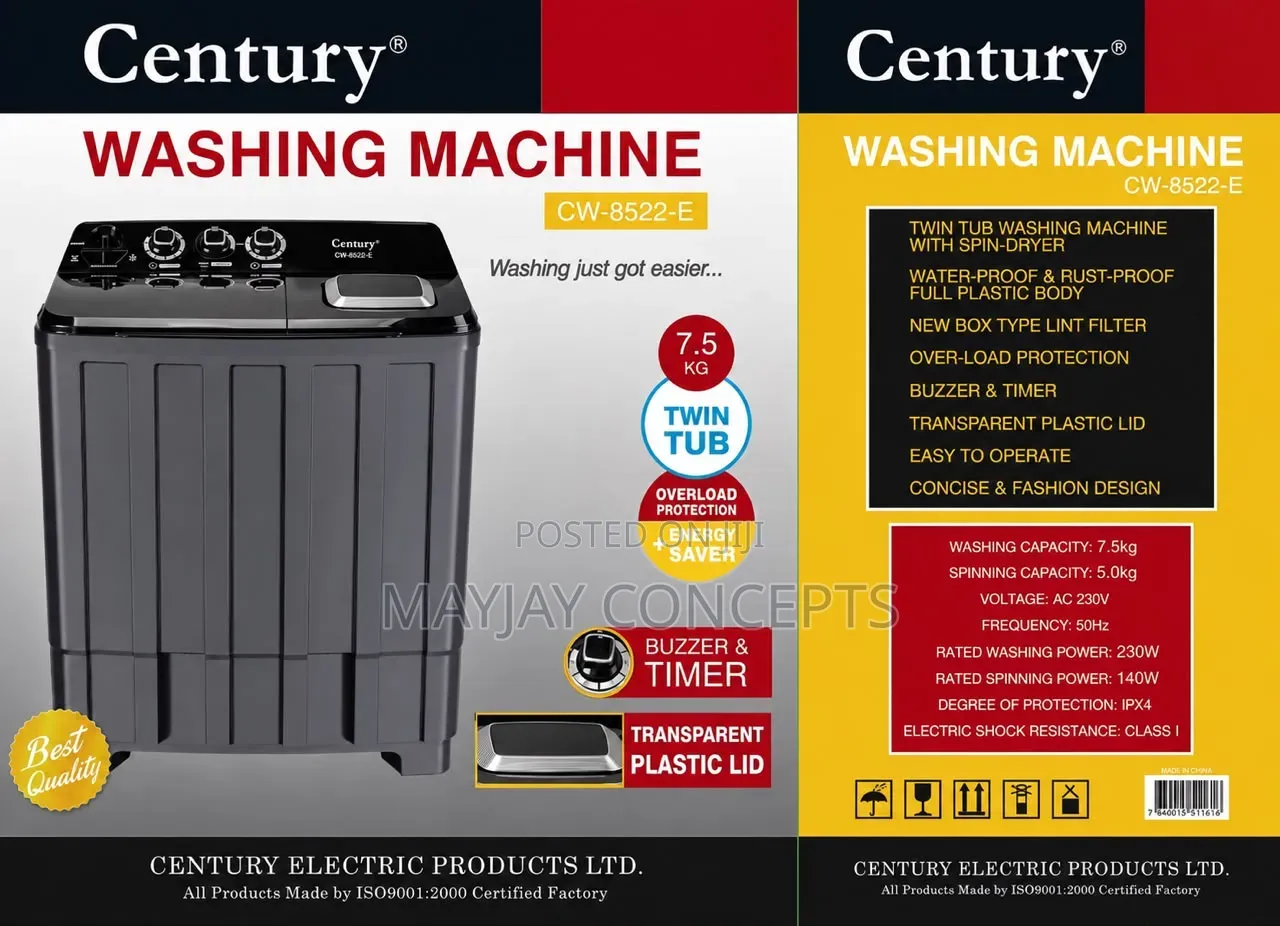Century 7.5KG Twin Tub Washing Machine With Spin Dryer Timer