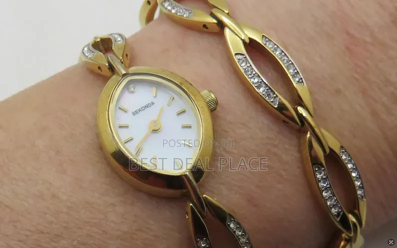 Genuine Sekonda Gold Plated Stone Set Watch + Bracelet Set UK Import