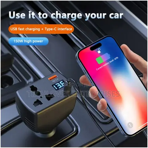 150w Car Inverter With Type C, USB a and Voltage Indicator