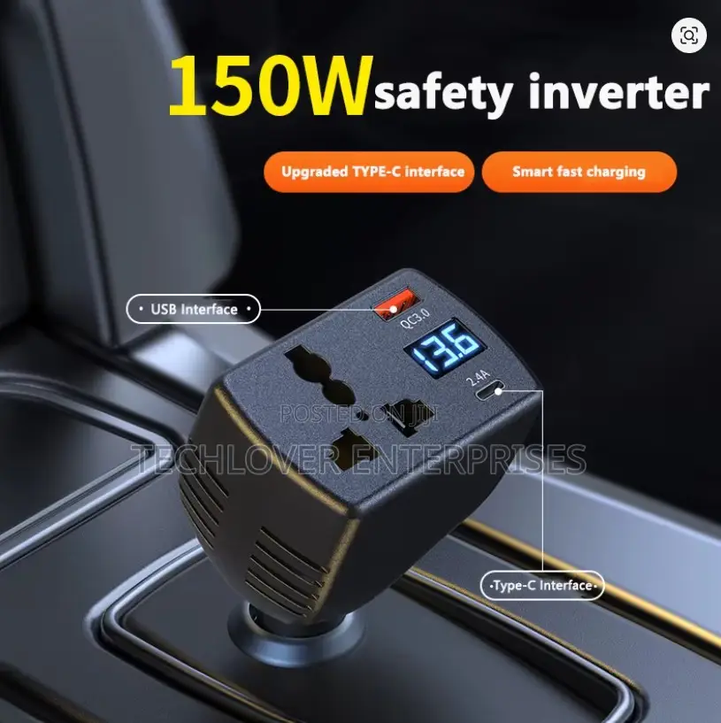 150w Car Inverter With Type C, USB a and Voltage Indicator
