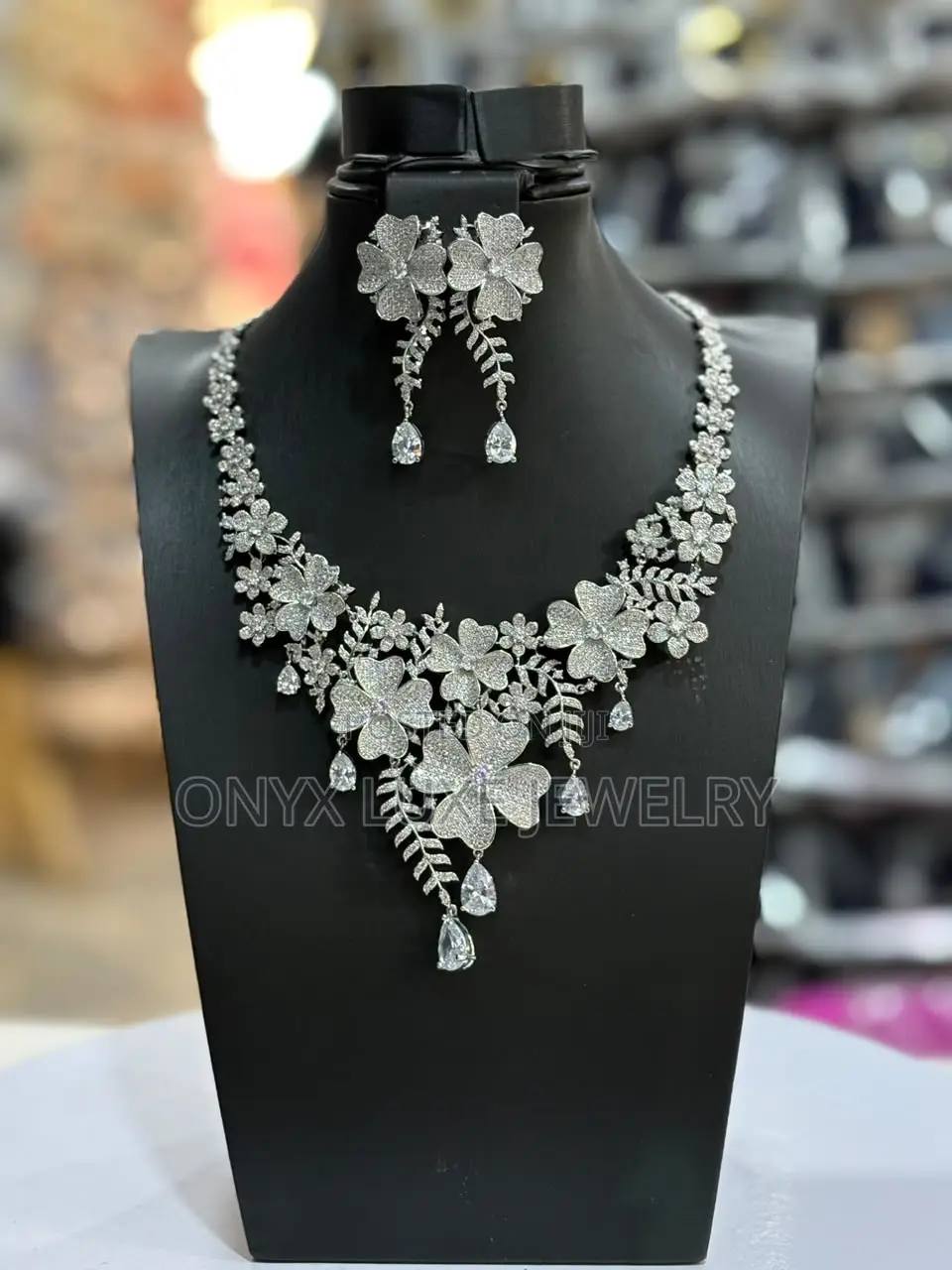 Luxury Silver Tone Blue Crystal Floral Bridal Necklace Set