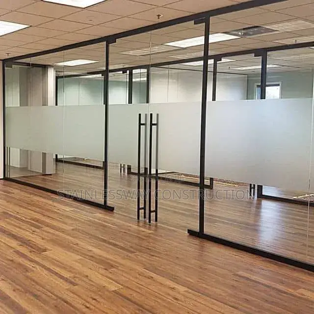 Office Glass Partitioning With Black Accessories and Borderline In
