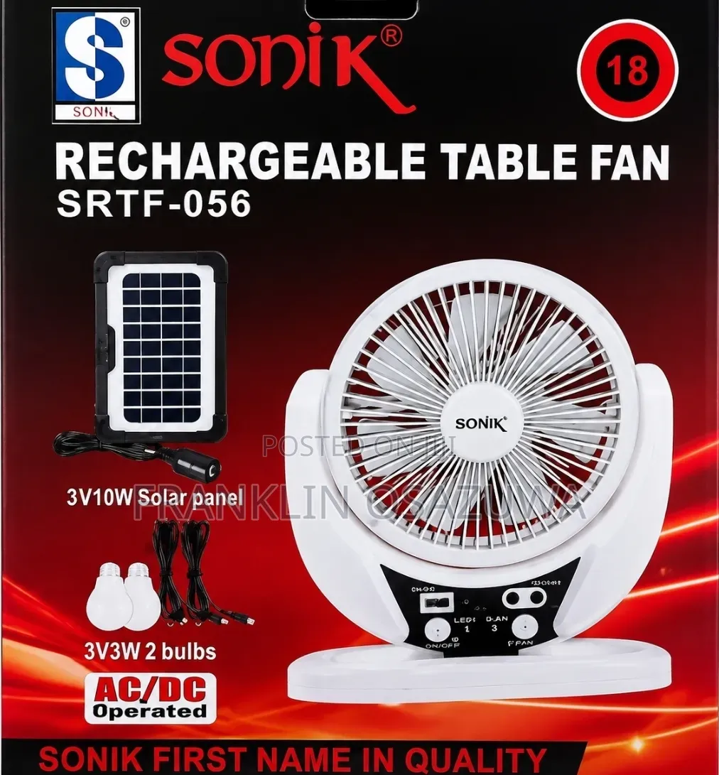 Sonik 18" Rechargeable Solar Table Fan With Solar Panel 2 LED Bulbs