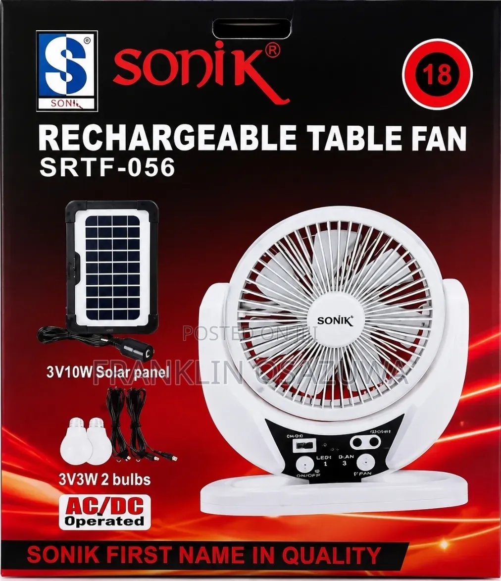 Sonik 18" Rechargeable Solar Table Fan With Solar Panel 2 LED Bulbs