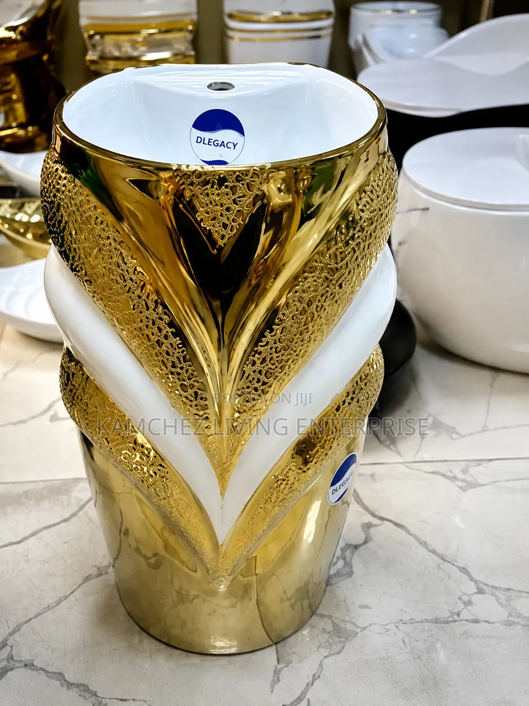 Luxury White and Gold Pedestal Wash Hand Basin-Elegant Bathroom Piece
