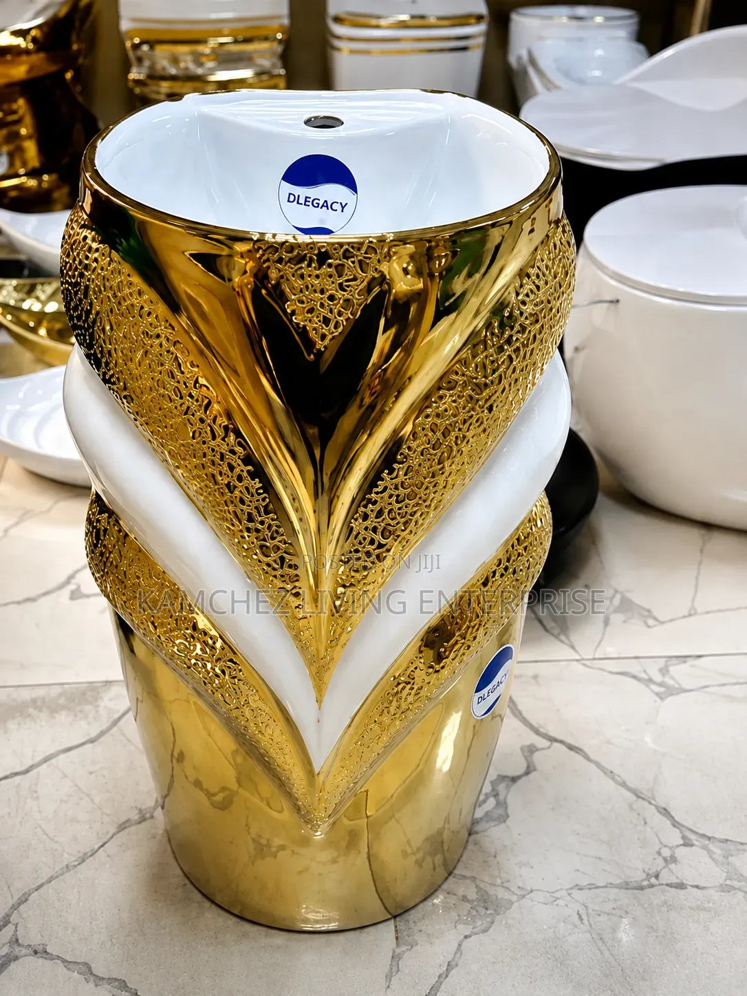 Luxury White and Gold Pedestal Wash Hand Basin-Elegant Bathroom Piece